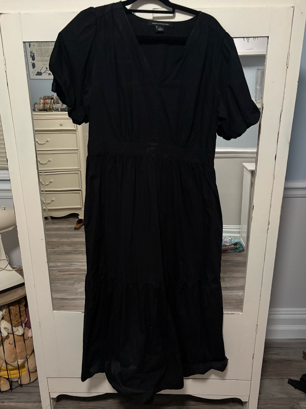 Classic Black V-Neck Midi Dress - Women's